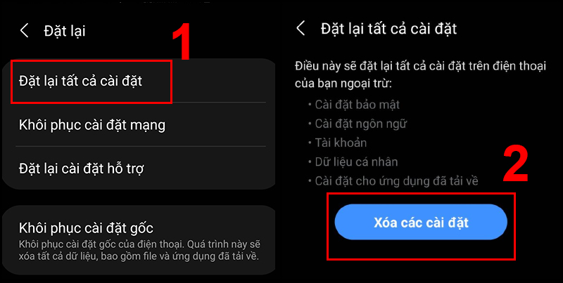 Chọn Đặt lại tất cả cài đặt và Xóa các cài đặt để hoàn tất